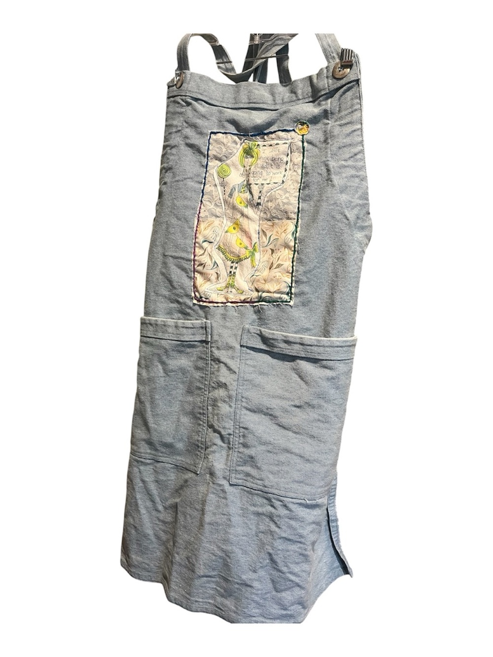 Light Blue Denim Overall Apron with Embroidered Panel